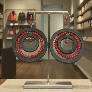 Vintage Red & Black Beaded Hoop Earrings